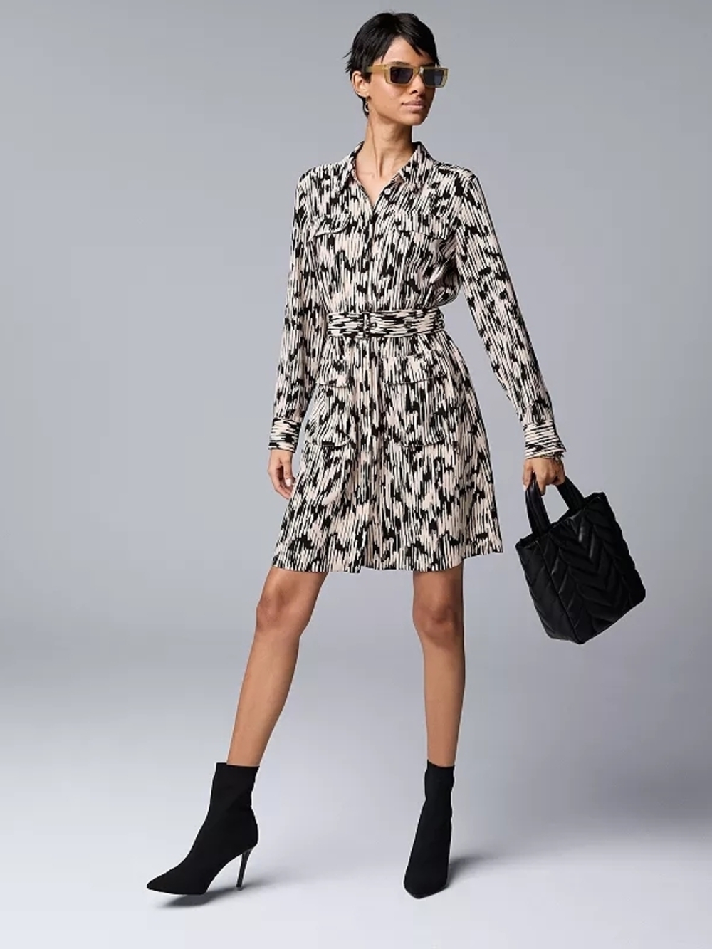 Simply Vera Vera Wang Black and Cream Printed Shirt Dress-NWT